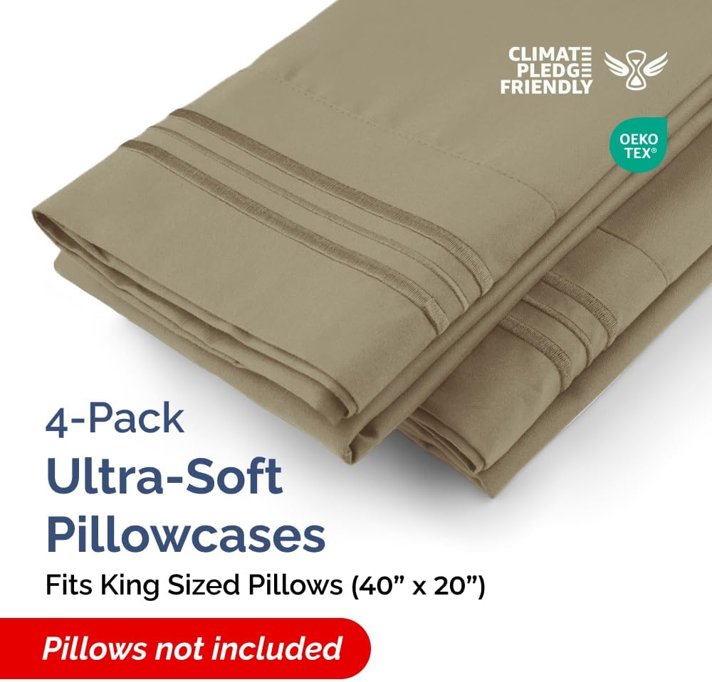 King Pillow Cases Set of 4 - Ultra Soft Hotel Quality Pillowcase Covers - Comfy, Cozy & Wrinkle Free - Shrinkage, Stain and Fade Resistant - Machine Washable Pillow Protectors - 4 Piece Set - Khaki