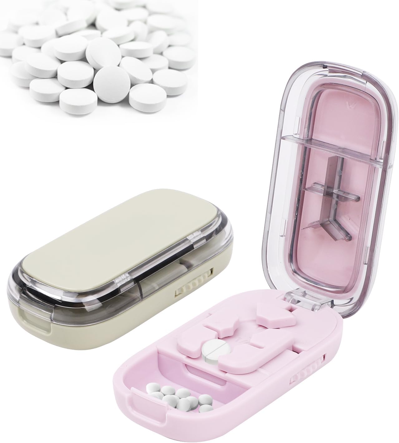 2PCS 3 in 1 Portable Pill Cutter, Adjustable 1/2 1/3 1/4 Tablet Splitter, with Centering Device and Storage Box