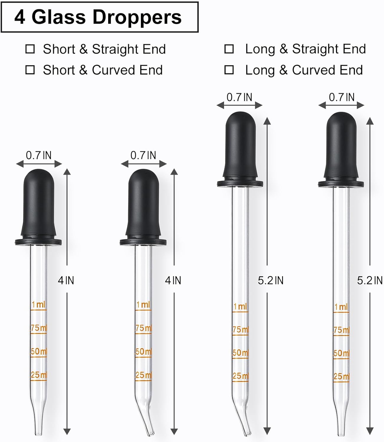 4 Pack, 1 mL Glass Eye Dropper with Measurement - Long & Short, Bent & Straight Tip Calibrated Glass Medicine Droppers, Accurate Dose Pipette Dropper for Essential Oils, Feeding, Ear, Lab, Health Care