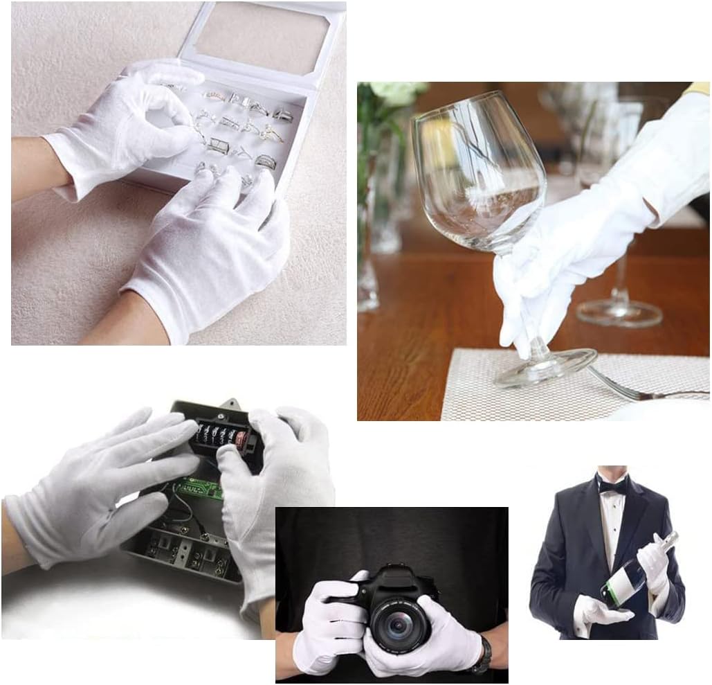 White Cotton Gloves, 12 Pairs of White Gloves are Suitable for Dry Hand Moisturizing Cosmetics, Hand Spa, Jewelry Coin Inspection, Inspection Gloves, and Service Gloves. Elastic Moisturizing Gloves