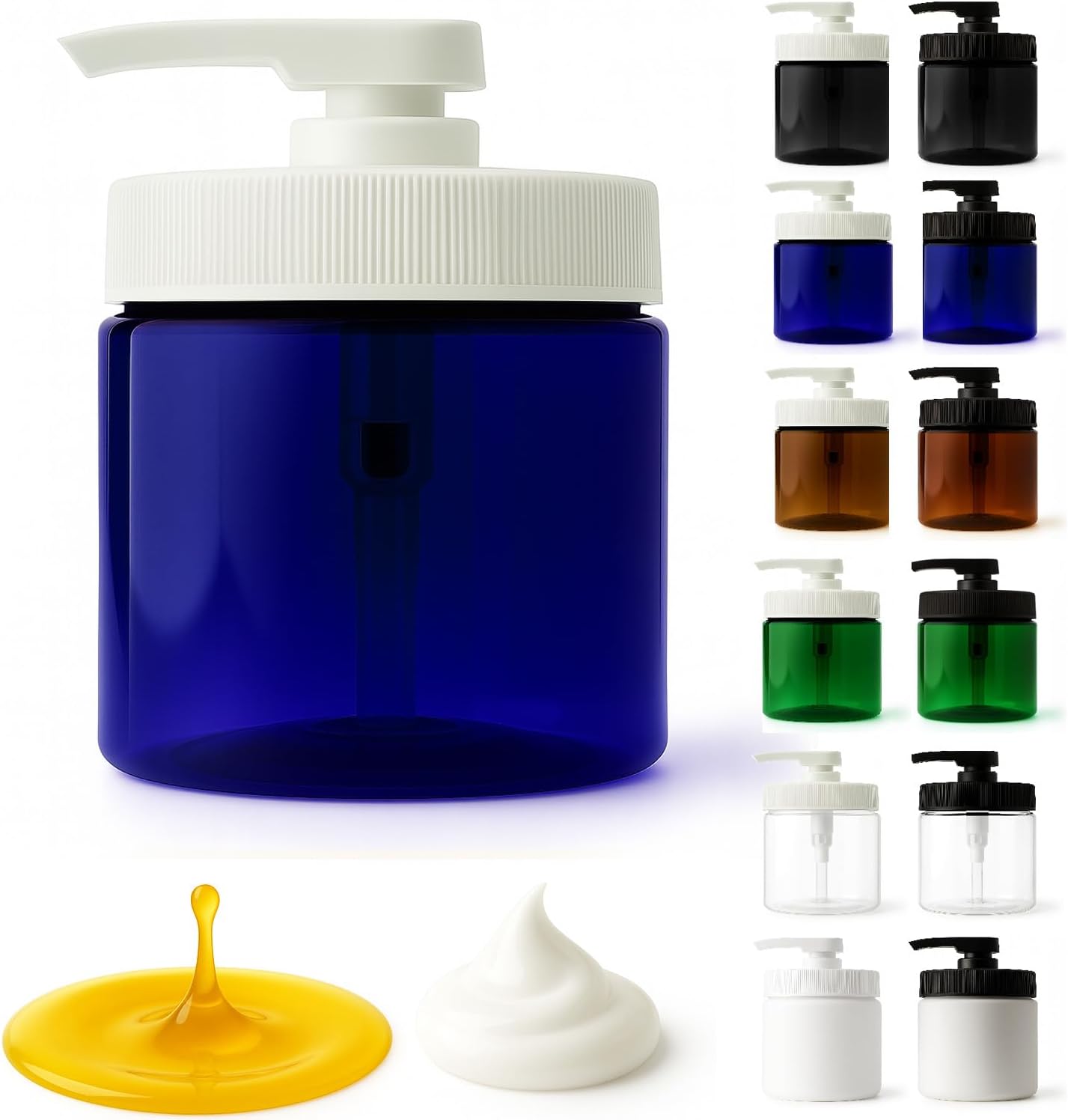 Royal Massage 16oz Refillable Pump Jar with Locking Dip Tube Dispenser – BPA-Free Plastic Container for Massage Oils, Lotions, Creams – Ribbed Lid Wide-Mouth Jar – Durable & Reusable (Blue/White, 1)