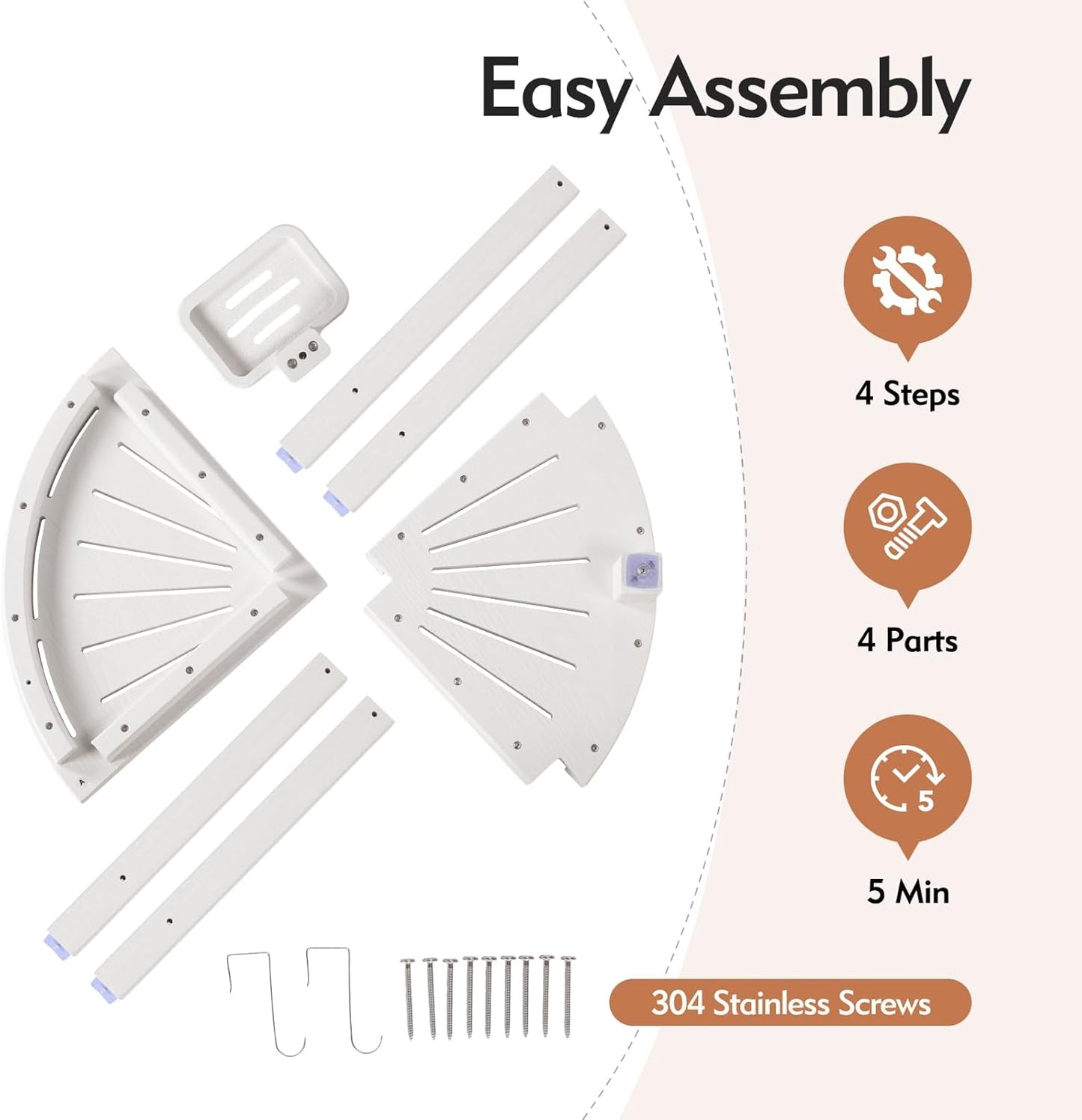 2-Tier Corner Shower Stool with Hooks & Soap Dish, HDPE Shower Bench for Shaving Legs, Wood-Like Shower Stool for Inside Shower with Non-Slip Foot Pads, Waterproof Shower Foot Rest (White)
