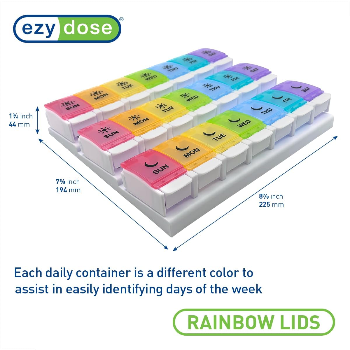 EZY DOSE Weekly (7-Day) Pill Case, Daily Medicine Planner, Vitamin Organizer Container, Large Push Button Compartments, Easy to Use, 3 Times a Day, Spring Open Design, Rainbow Lids, BPA Free