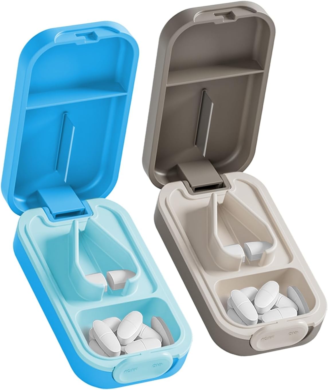 Pill Cutter Splitter for Small or Large Pills with Safety Lock - Accurate and Easy Travel-Friendly Design for Daily Use (Blue+Gray)