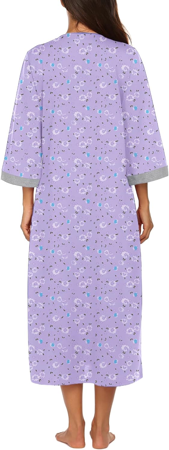 Ekouaer Women Zipper Robe 3/4 Sleeves Loungewear Dress Full Length Sleepwear Pockets Housecoat Nightgown Long Bathrobe