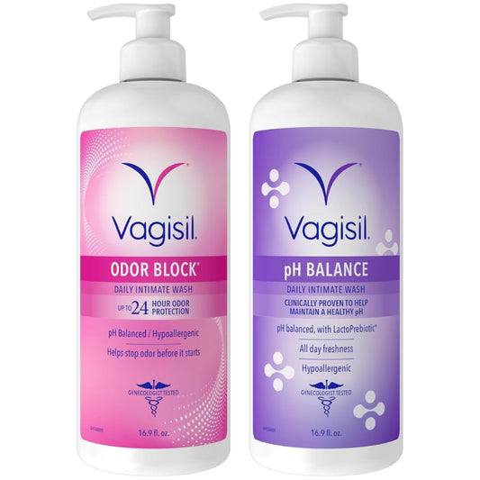 Vagisil Feminine Wash for Intimate Area Hygiene, Odor Block & pH Balance Scented Washes, Gynecologist Tested, Hypoallergenic, Includes Two 16.9 oz Pump Bottles