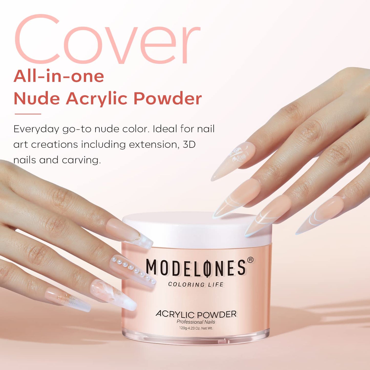 Modelones Acrylic Powder, 4.23oz/120g Cover Nude Blush Large Capacity Professional Acrylic Nail Powder Polymer for 3D French Nails Manicure Extensions & Carving