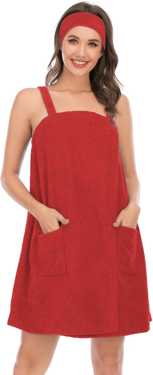 Veseacky Women Bath Wrap Towel for Womens Shower with Pocket Adjustable Spa Robe & Facial Headband