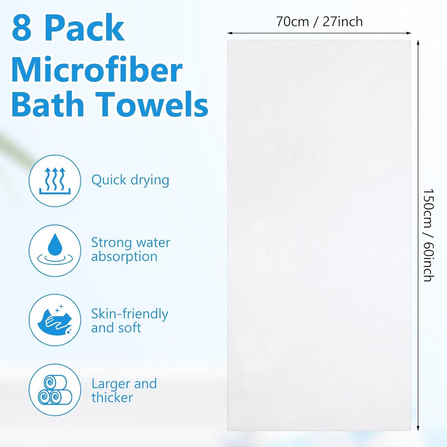 8 Pack Microfiber Bath Towels Bulk 27'' x 60'' Oversized Size Bath Towel Highly Absorbent Extra Large Soft Drying for Shower Beach Salon Winter Sport Spa Gym (Simple,White)