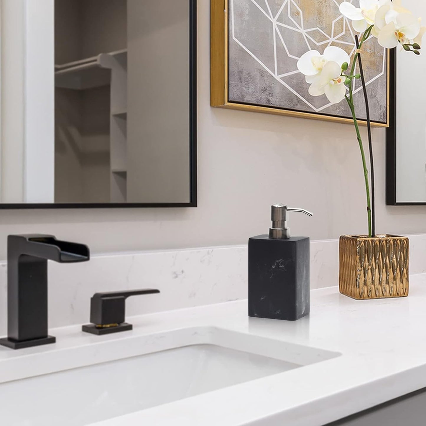 15 Oz Marble Style Resin Soap Dispenser with Easy-Press Pump,Suanti Hand Soap Dispenser for Bathroom Counter and Kitchen Sink Decor,Refillable Dish Soap Bottle for Lotion,Liquid Dish Soap-Matte Black