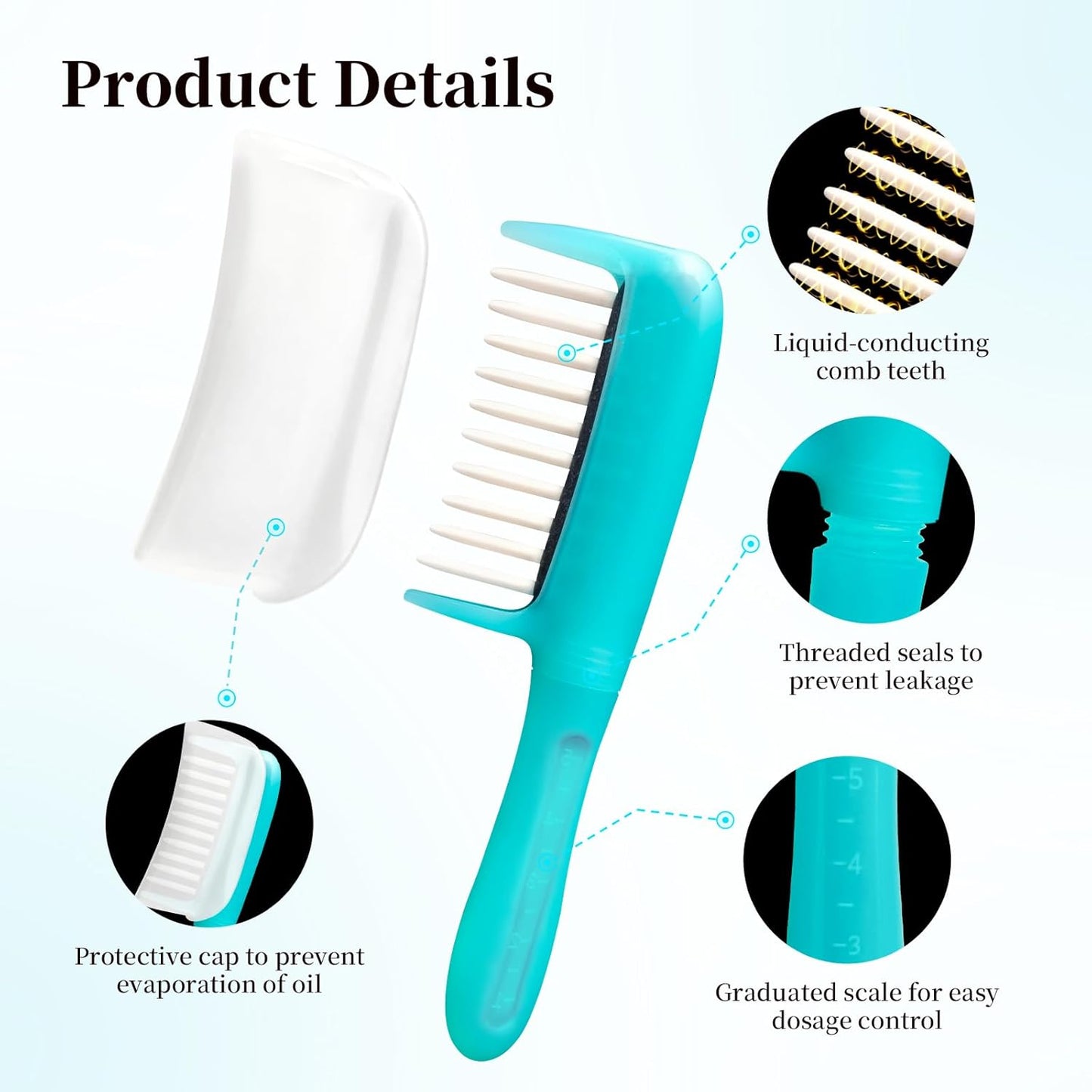Hair Oil Applicator Comb with 5ml Dispenser, Mess-Free Brush Oiling Tool for Quick Even Application, Scalp Care Comb with Scale Container Handle for Thin/Straight Hair for Women Girls (Blue)