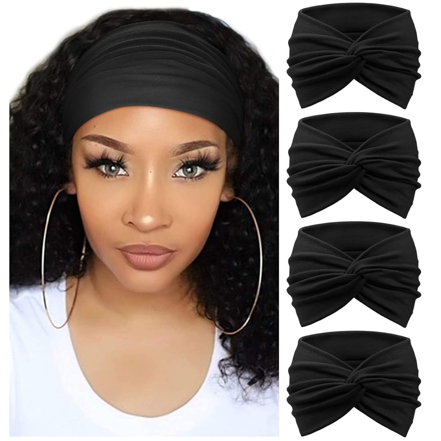 DRESHOW 4 Pack Turban Headbands for Women Wide Vintage Head Wraps Knotted Cute Hair Band Accessories