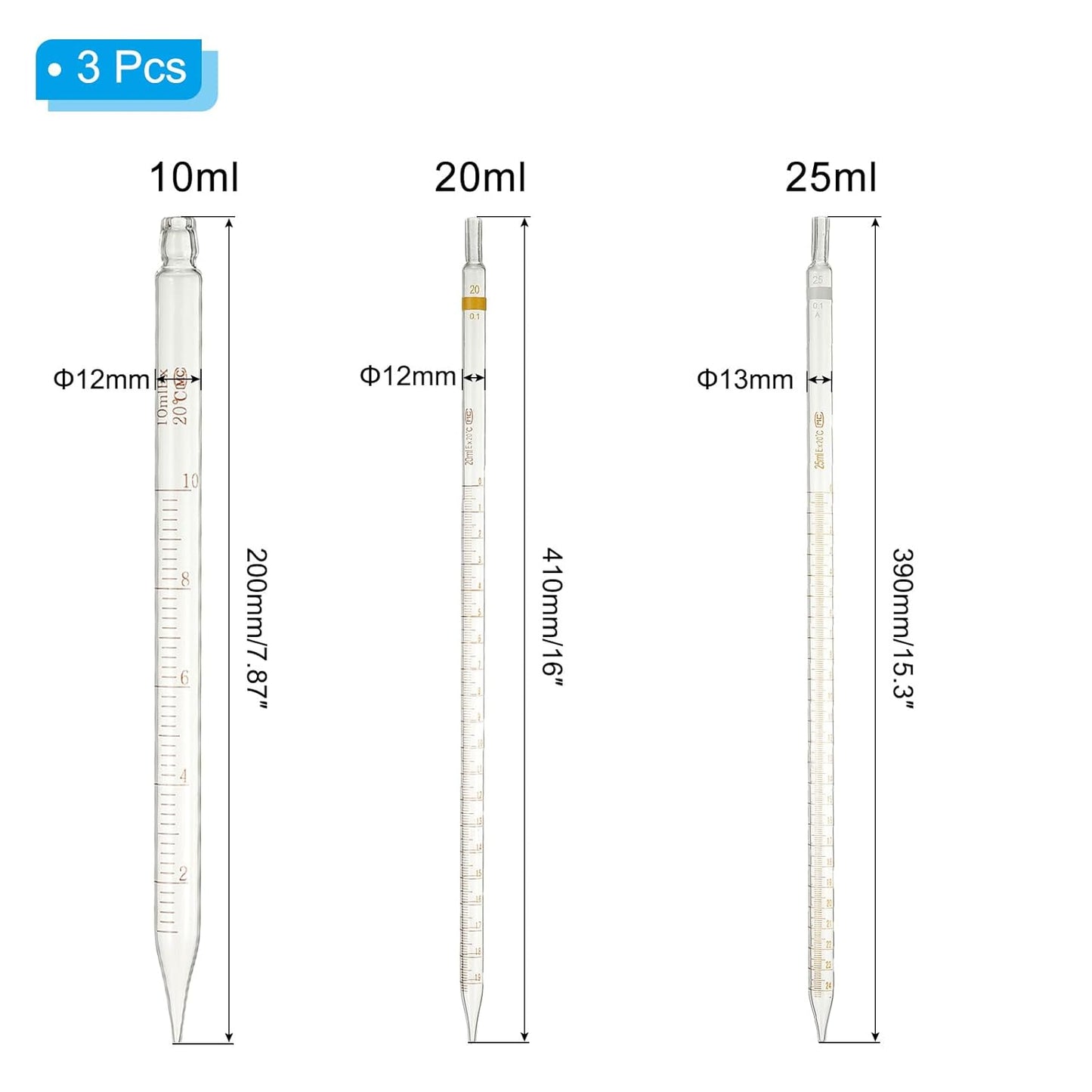 PATIKIL Graduated Dropper Pipettes Kit, 3 Pack 10ml/20ml/25ml Borosilicate Glass Pipette with Rubber Squeeze Bulb for Transfer Liquid for Lab, Chemistry