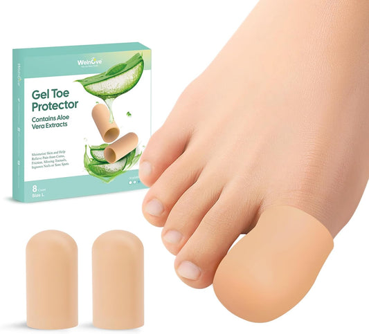 Welnove Gel Toe Cap and Protector - Silicone Toe Covers - Toe Cushions for Pain Relief, Missing or Ingrown Toenails, Corns, Calluses, Blisters (8 Large, Beige)