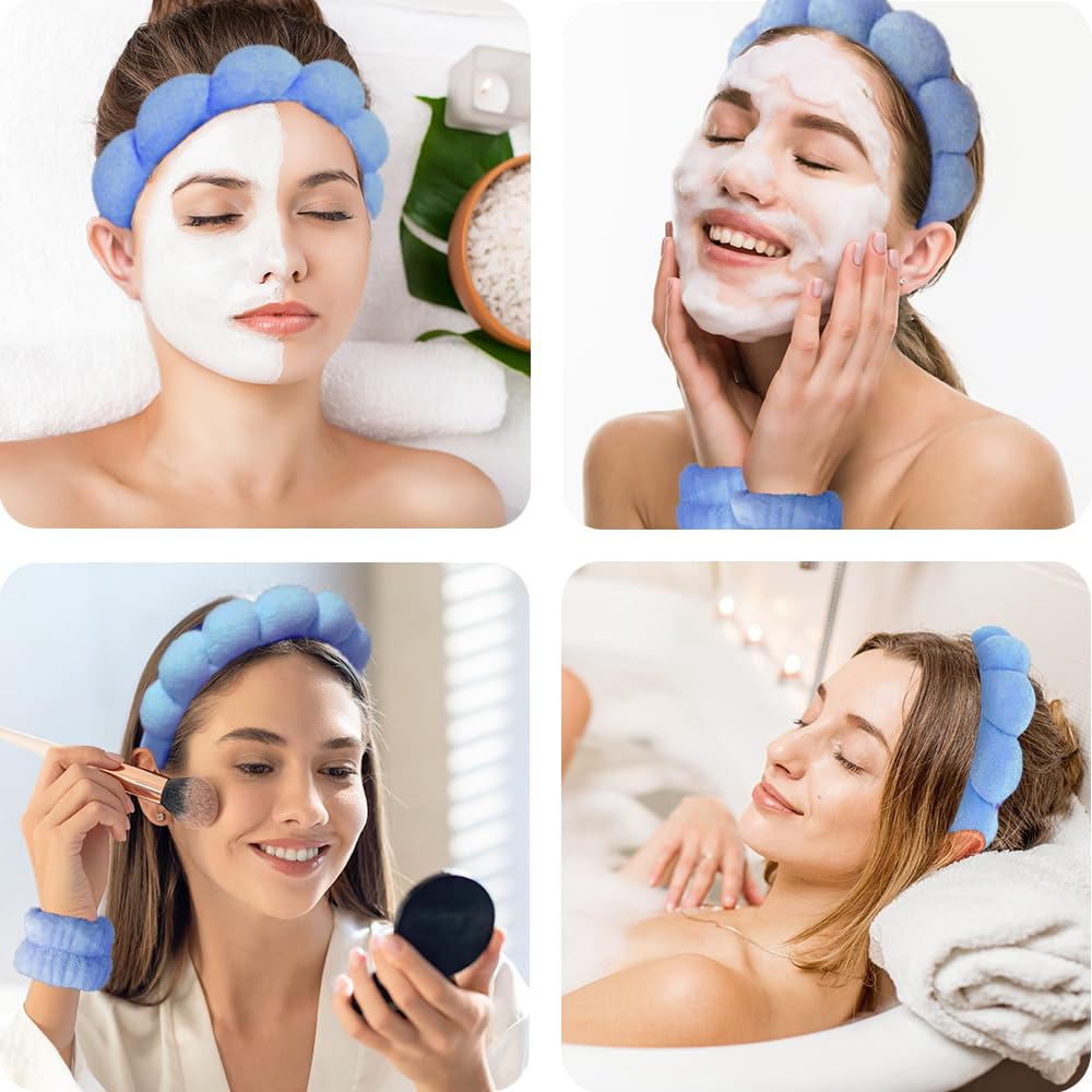 Spa Headbands for Washing Face Wristband Set Sponge Makeup Skincare Headband Wrist Towels Bubble Soft Terry Towel Cloth Hairband for Women Puffy Headwear Non Slip Thick Thin Hair Headwear (Dark blue)