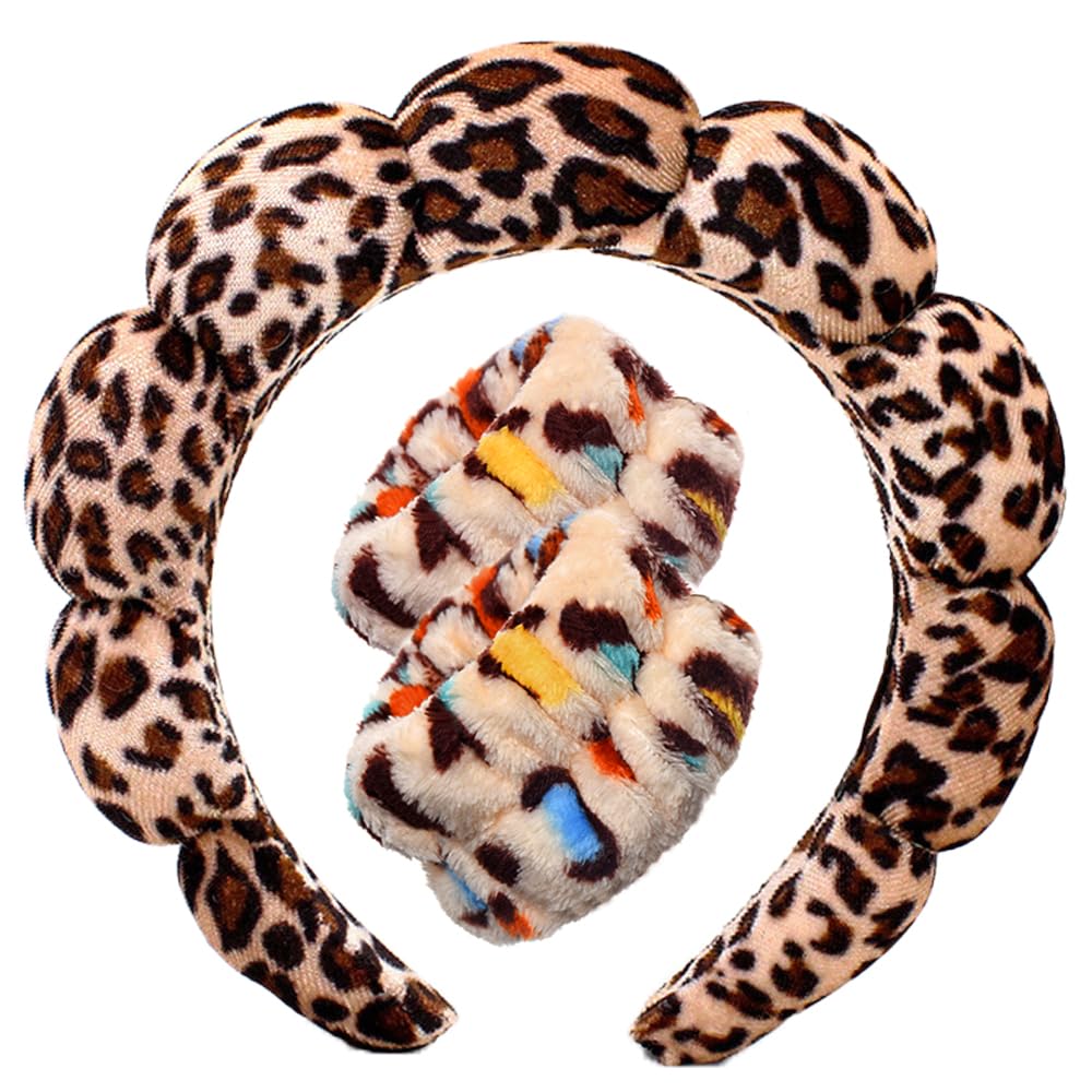 Spa Headbands for Washing Face Wristband Set Sponge Makeup Skincare Headband Wrist Towels Bubble Soft Terry Towel Cloth Hairband for Women Puffy Headwear Non Slip Thick Thin Hair Headwear (Leopard)