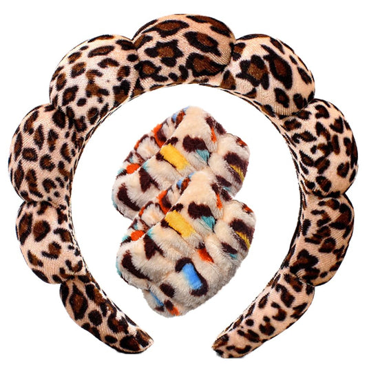 Spa Headbands for Washing Face Wristband Set Sponge Makeup Skincare Headband Wrist Towels Bubble Soft Terry Towel Cloth Hairband for Women Puffy Headwear Non Slip Thick Thin Hair Headwear (Leopard)