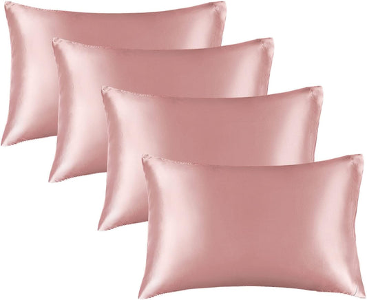 BEDELITE Satin Pillowcase for Hair and Skin, Super Soft Similar to Silk Pillow Cases 4 Pack with Envelope Closure, Cooling Pillowcases for Women Men (20"x40" King Size, Rose Pink)
