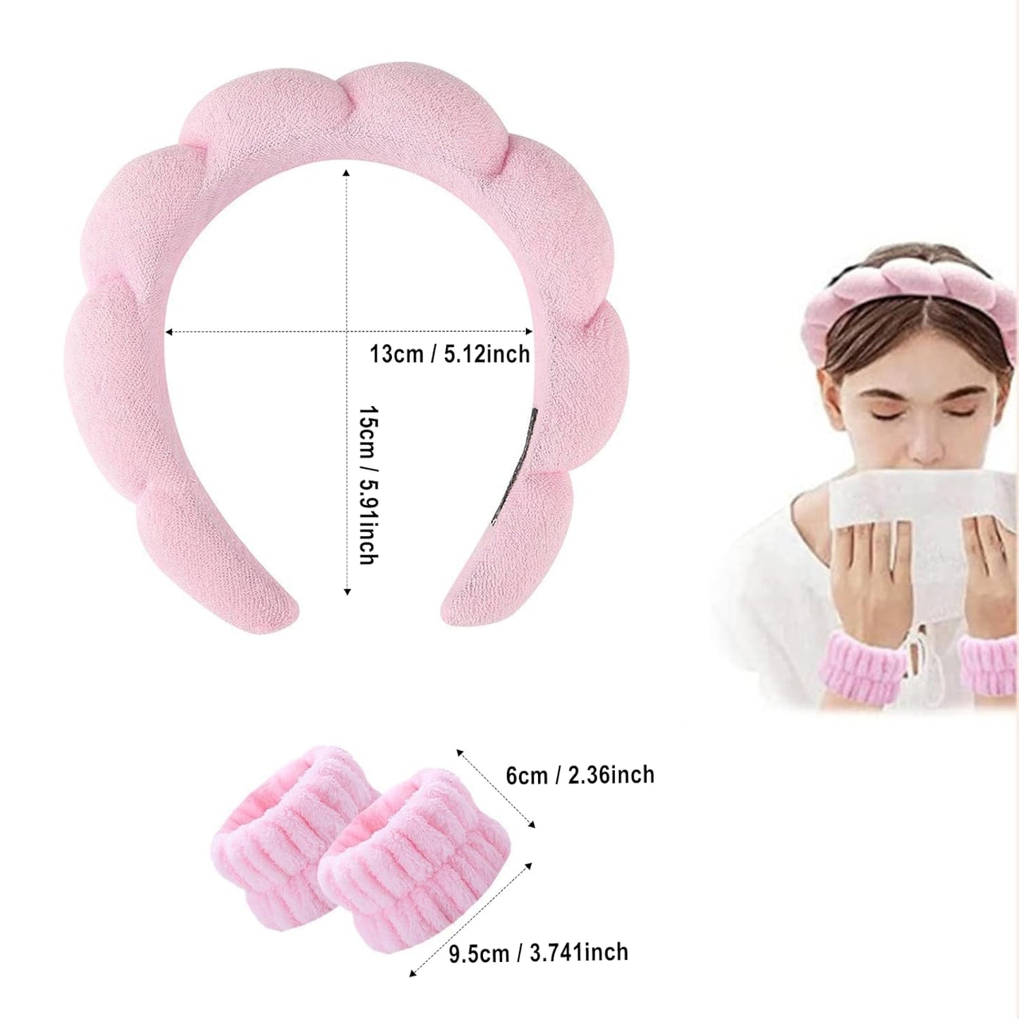 Spa Headband and Wristband Set for Women,Terry Cloth Sponge Headband for Washing Face,Makeup,Facial Mask and Skincare (Blue,Pink, One Size)