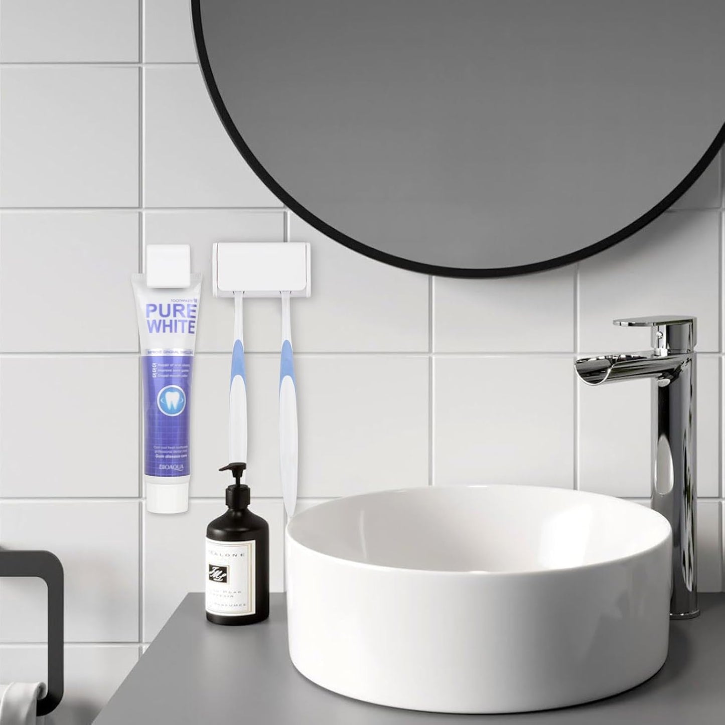 Toothbrush Holder Wall Mounted with Cover for Bathroom, 2 Slots Toothbrush Storage Organizer for Shower, Self Adhesive Toothbrush Hanger with Toothpaste Clip