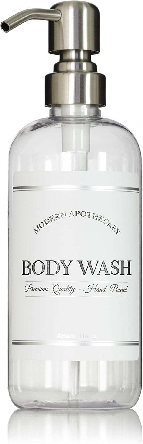Refillable Clear PET Plastic 16 oz Body Wash Bottle with Stainless Steel Pump Dispenser - Chrome Accent Waterproof Labeled Bottle