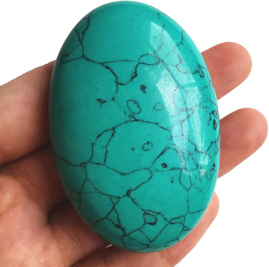 Synthesis Green Howlite Turquoise Oval Polished Worry Stones, Healing Crystal Indoor Fountain Stones Massage Energy Anxiety Relief Items
