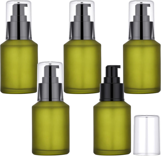 Segbeauty 2oz Frosted Glass Travel Lotion Container Refillable, 5pcs Small Travel Containers for Creams, 60ml Mini Empty Lotion Bottles with Pump Dispenser, Cosmetic Containers Bottle for Oils Creams