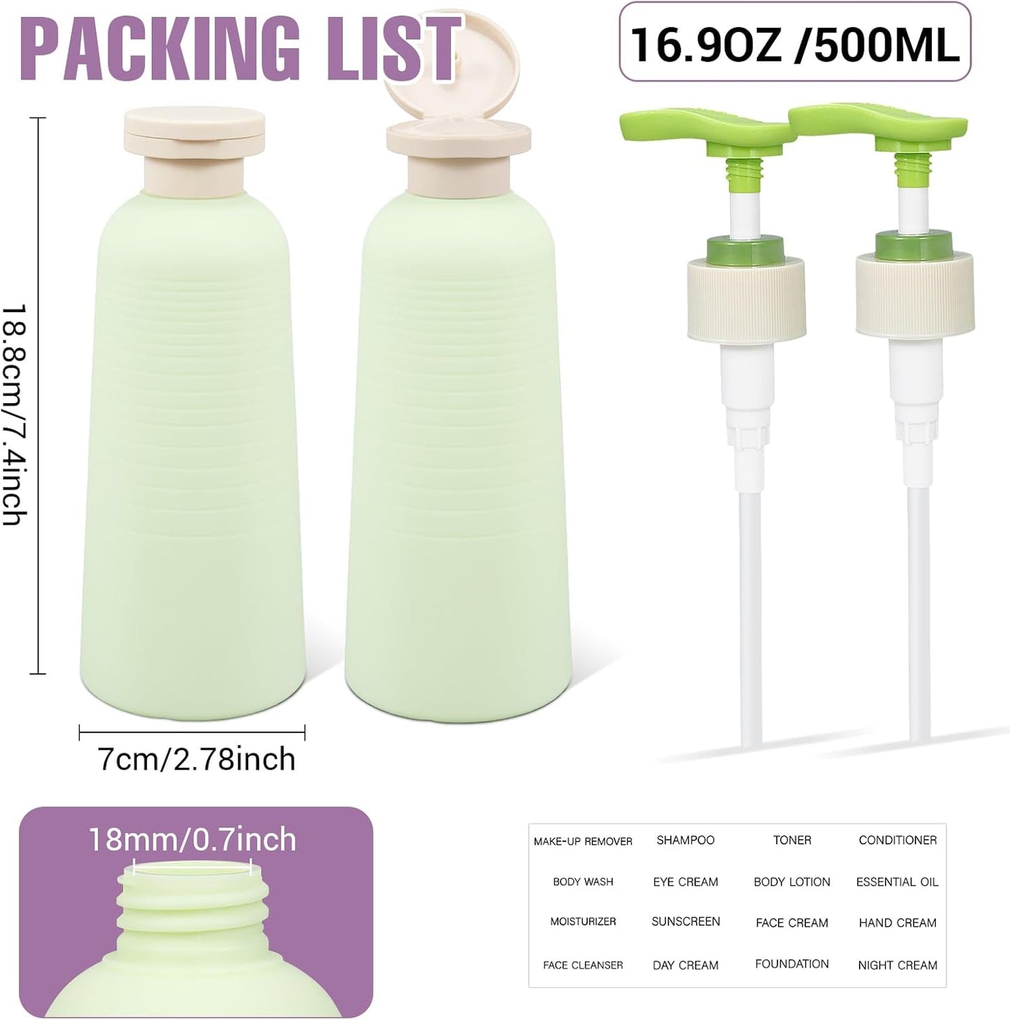 16.9oz Travel Shampoo Bottle with Flip Cap, Refillable Plastic Pump Bottles Dispenser for Soap, Shampoo, Lotions, Liquid Body Wash, Creams and Massage Oil (2Pack, 16.9oz/500ml)