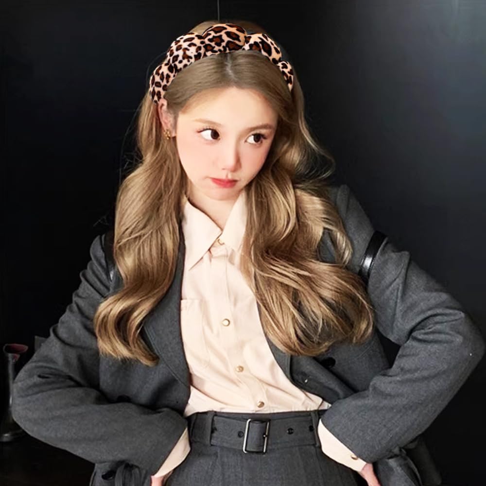 Spa Headbands for Washing Face Wristband Set Sponge Makeup Skincare Headband Wrist Towels Bubble Soft Terry Towel Cloth Hairband for Women Puffy Headwear Non Slip Thick Thin Hair Headwear (Leopard)