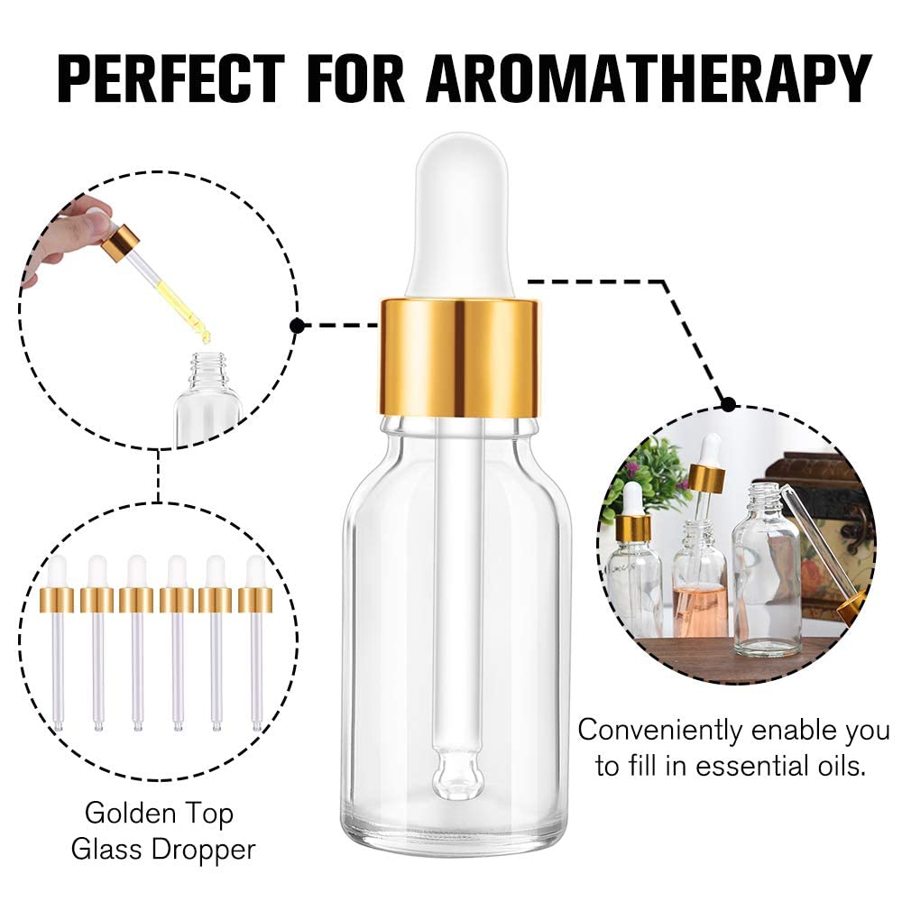 PrettyCare Glass Eye Dropper Bottles 24 Pack, 0.5oz (15ml) Clear Empty Thick Bottles Bulk with Leakproof Golden Caps - With Labels & Funnels for Storage, Travel, Essential Oils, Cuticle, Tinctures