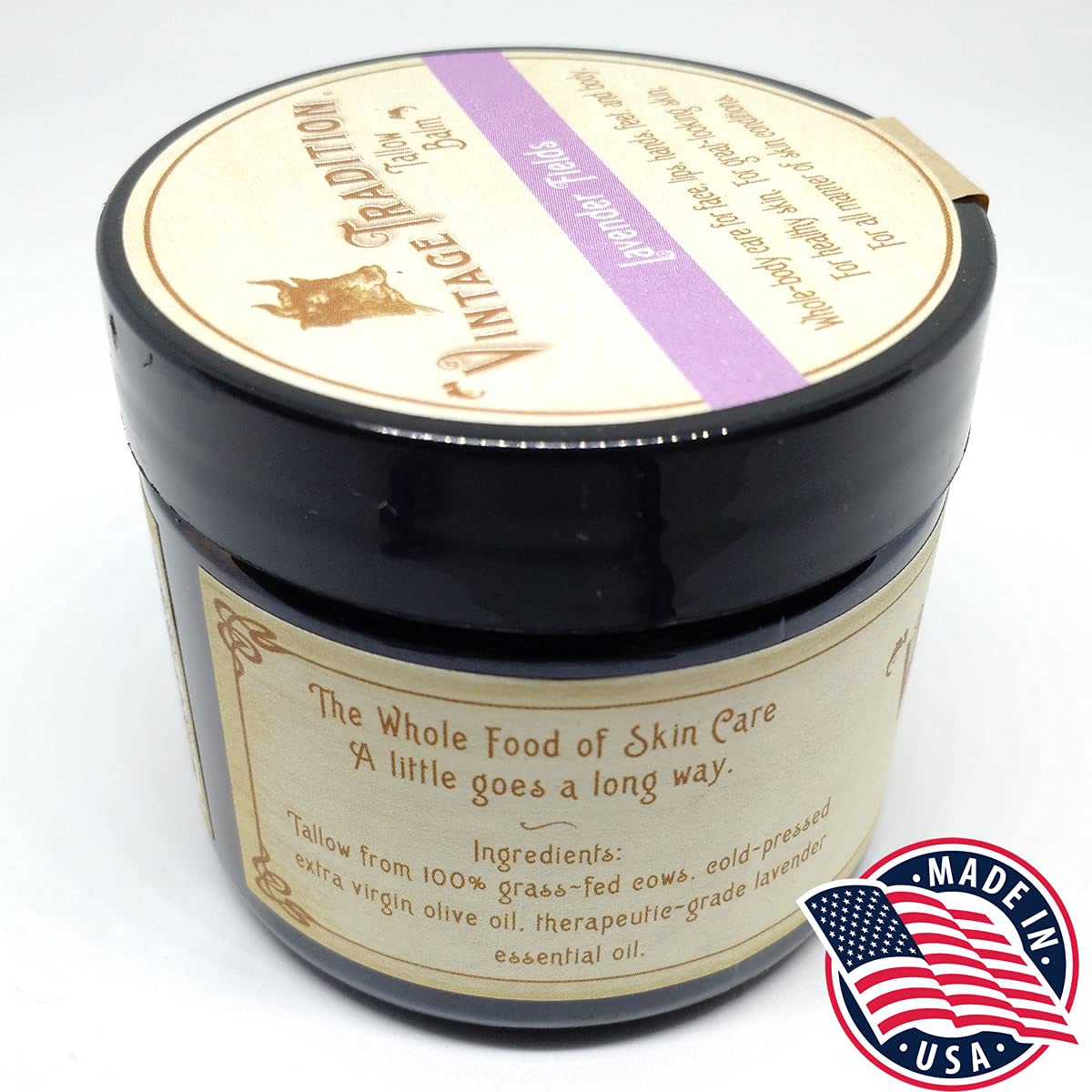 Vintage Tradition Beef Tallow All Purpose Balm - Healing, Hydrating Lavender Skin Care Salve Replaces Body Lotion, Hand Cream, More - Essential Oil, Olive Oil, and Grass-Fed Tallow, 2 fl. oz.