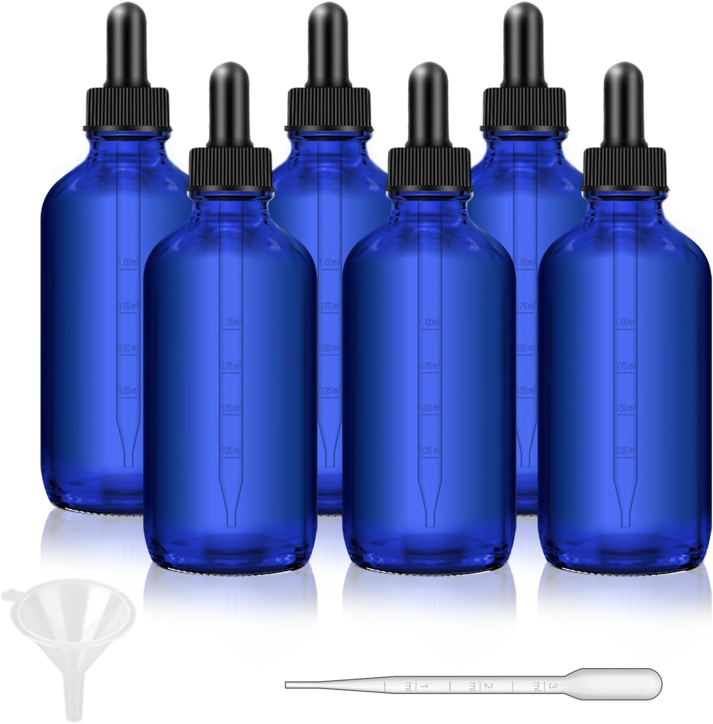 Bumobum 6 pack, 4oz Glass Dropper Bottle, Blue Glass Eye Dropper Bottle for Essential Oils with Funnel, Labels & Pipette (Unbreakable Plastic Measurements)