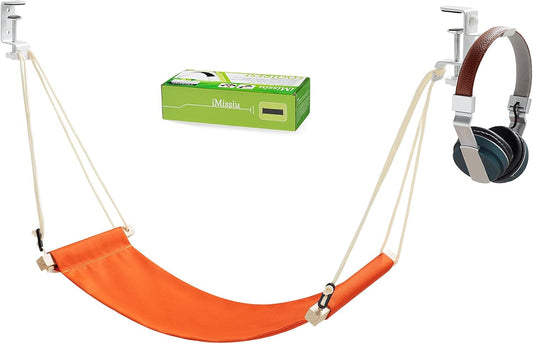 iMissiu Foot Hammock Under Desk | iMissiu Adjustable Office Foot Rest | Portable Footrest with Headphones Holder (Orange)