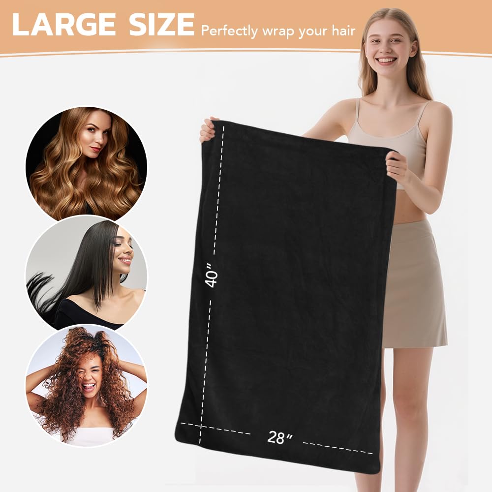 SUNLAND Microfiber Hair Towels Anti Frizz Hair Drying Towel Super Absorbent Fast Drying Turbans for Wet Curly Hair Soft Hair Towel Wrap with Elastic Band for All Hair Types 40 X 28 inches 2Pack Black