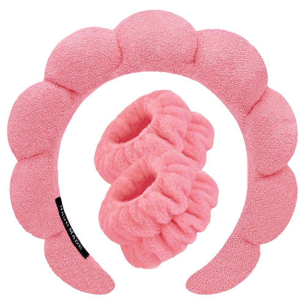 Spa Headbands for Washing Face Wristband Set Sponge Makeup Skincare Headband Wrist Towels Bubble Soft Terry Towel Cloth Hairband for Women Puffy Headwear Non Slip Thick Thin Hair Headwear (Rose red)