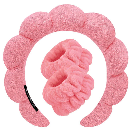 Spa Headbands for Washing Face Wristband Set Sponge Makeup Skincare Headband Wrist Towels Bubble Soft Terry Towel Cloth Hairband for Women Puffy Headwear Non Slip Thick Thin Hair Headwear (Rose red)