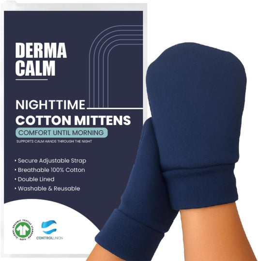 Organic Cotton Eczema Gloves/Mittens for Adults – Anti-Scratch Nighttime Sleeping Gloves with Secure Adjustable Strap – Reusable & Washable – Navy, 1 Pair (S/M/L) (Large)