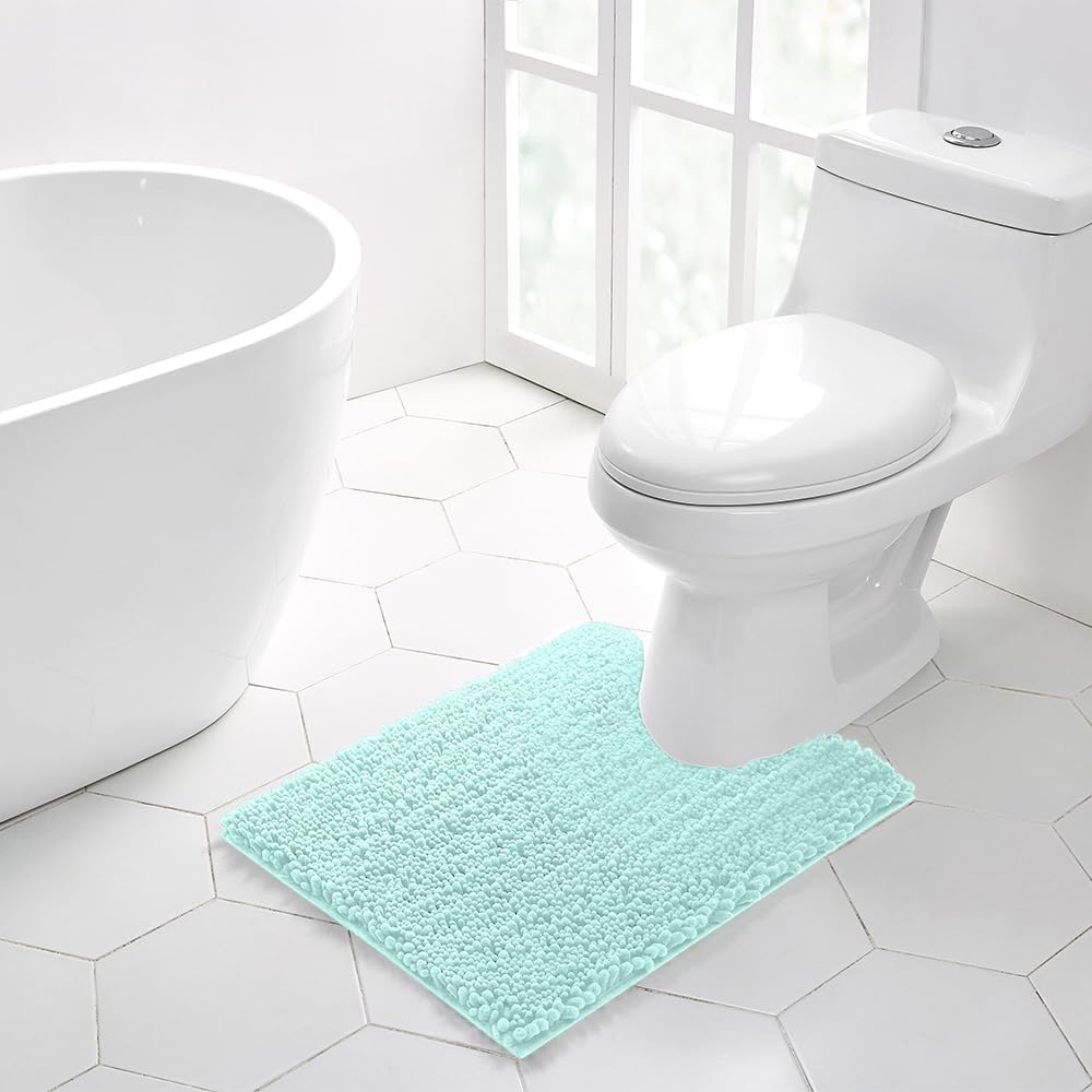 Walensee Bathroom Contour Rug Non Slip Toilet U Shaped Bath Mat (20x24, Spa Blue) Water Absorbent Super Soft Shaggy Chenille Machine Washable Dry Extra Thick Perfect Absorbant Best Plush Carpet