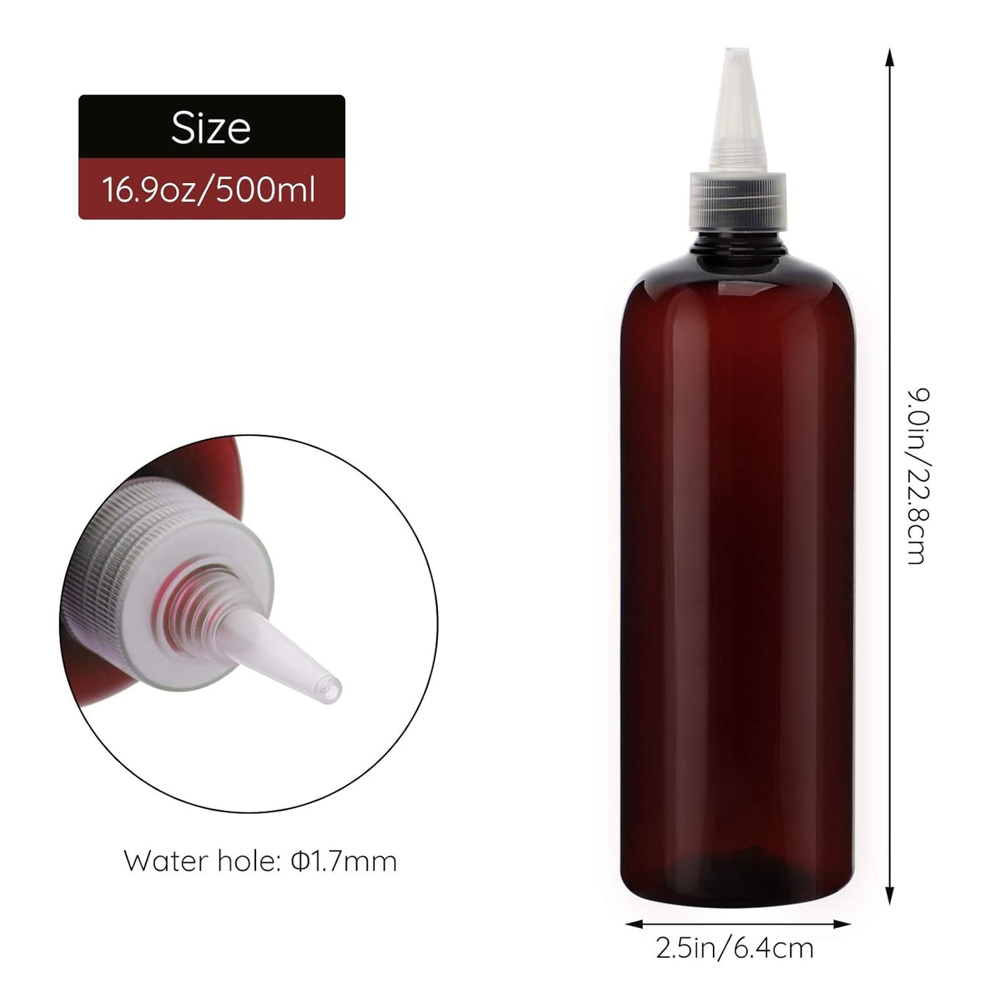 Segbeauty 16.9oz Amber Squeeze Bottles, 2 Packs 500ml Refillable Hair Dye Applicator Bottles with Twist Top Cap Tip, PET Brown Colored Angled Tip Plastic Empty Dyeing Tool for Hair Color Hairdressing