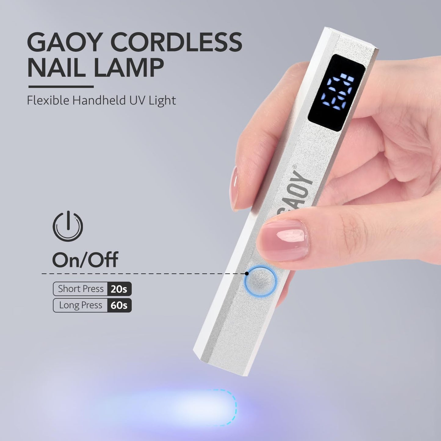 GAOY Cordless Nail Lamp with Stand, Mini Handheld UV Light with LCD Display for Gel Nails, Rechargeable USB Nail Dryer for Fast Curing, Silver