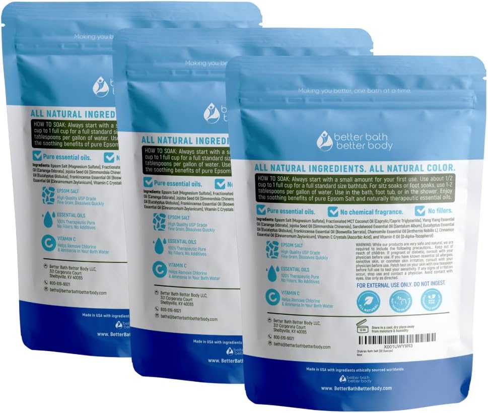 Chakras Bath Salt (3 Pack with Scoop) USP Epsom Salt with Natural Ylang Ylang and Sandalwood Essential Oils Plus Vitamin C in BPA Free Pouch with Easy Press Lock Seal Made in USA Bundle 6 Lbs Total