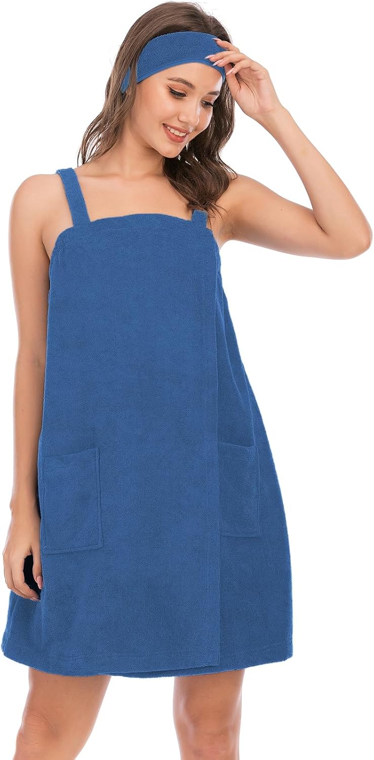 Veseacky Women Bath Wrap Towel for Womens Shower with Pocket Adjustable Spa Robe & Facial Headband