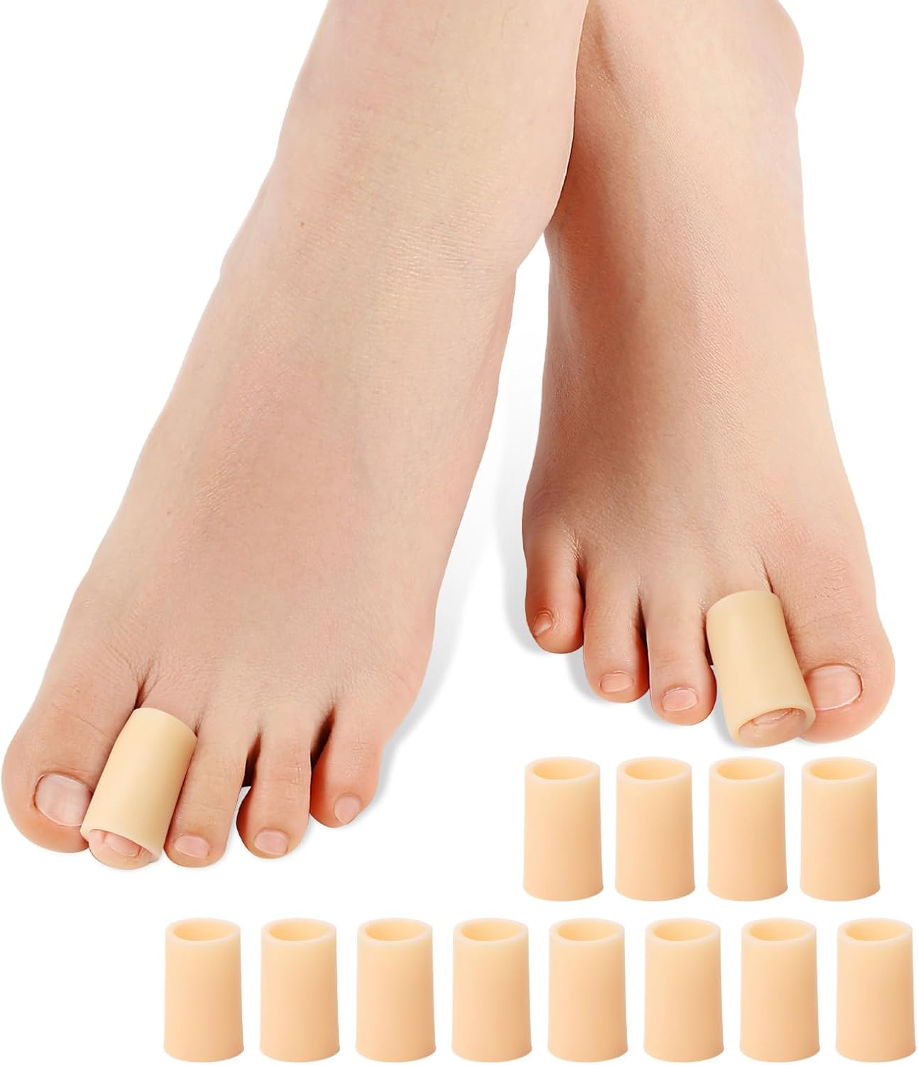 Povihome Toe Sleeves, Toe Protectors, 12 Pack Toe Tube Pads for Hammer Toe,Stubbed Toe,Corns, Calluses Protect (Medium Size, Beige)