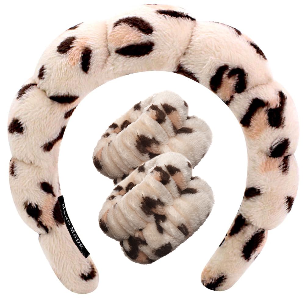 Spa Headbands for Washing Face Wristband Set Sponge Makeup Skincare Headband Wrist Towels Bubble Soft Terry Towel Cloth Hairband for Women Puffy Headwear Non Slip Thick Thin Hair Headwear