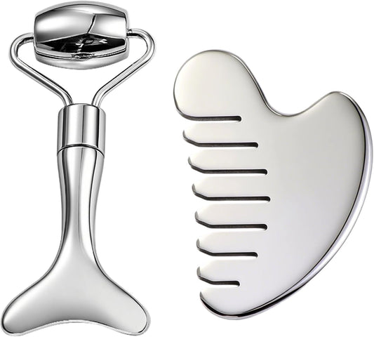 Gua Sha Facial Tools and Face Roller Set, Lymphatic Drainage Massager，Stainless Steel Facial Sculpting Eyes Roller Guasha for Face, Chin & Jawline Sculpting,Skin Care (Silver)