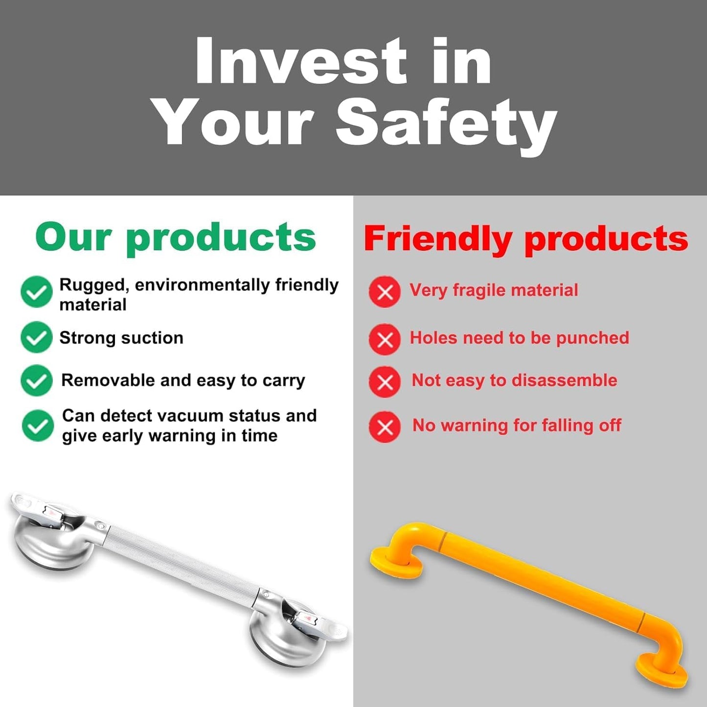 19-Inch Shower Handle - Upgraded Grab Bar with Strong Suction Cups for Bathtub & Shower Safety, Ideal for Seniors, Elderly, Disabled，Silver