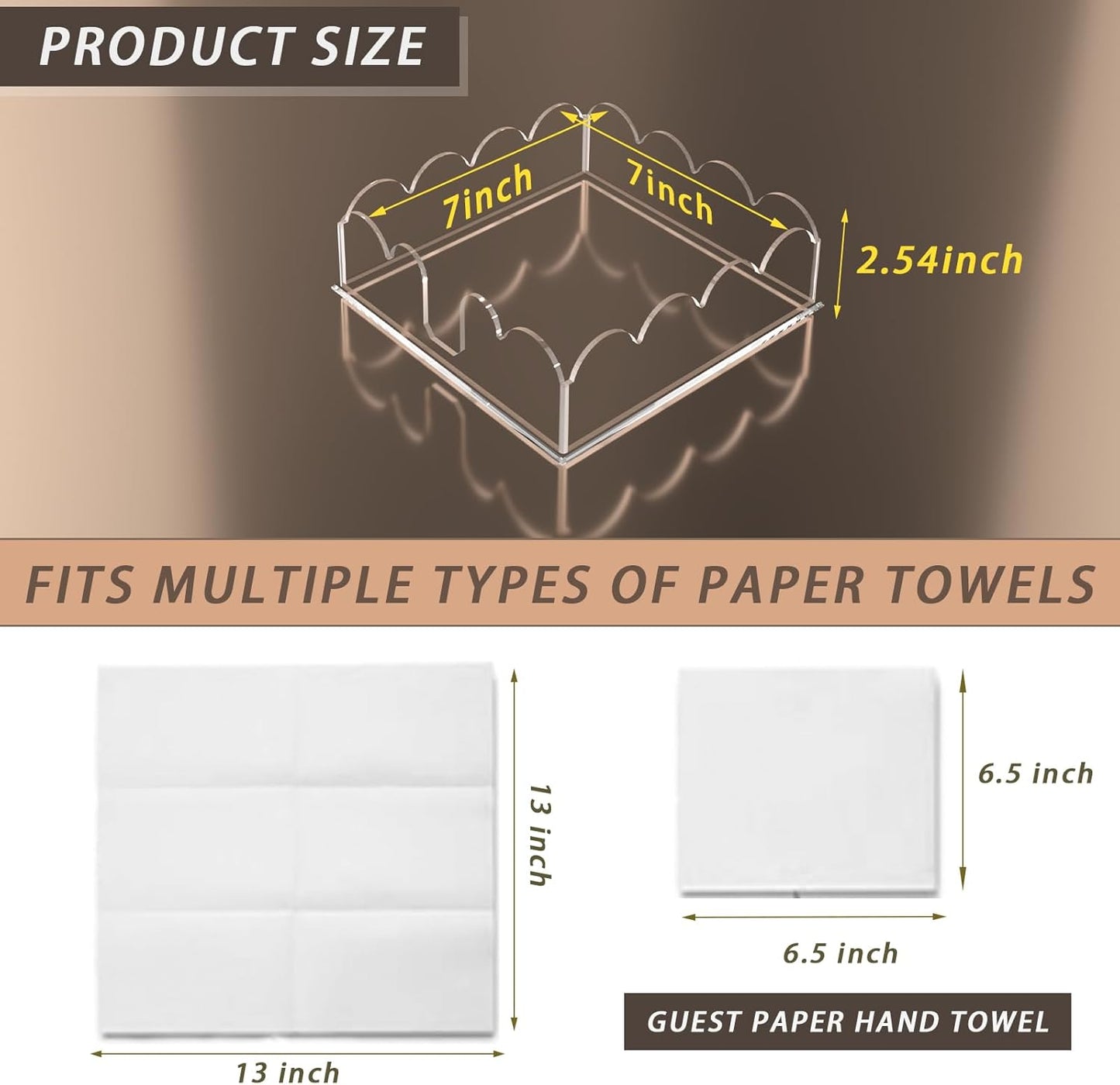 Napkin Holder fo Table, Acrylic Napkin Paper Towel Holder for Kitchen, Clear Acrylic Guest Towel Holder Tray for Bathroom, Cocktail Napkin Holder for Dinner (Scalloped Clear 7'' Square)