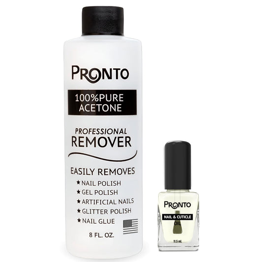Pronto 8 Oz 100% Pure Acetone Nail Polish Remover and Cuticle Oil, Pure Acetone for All Nail Polish Types including Gel, Acrylic & Sculptured Nails, Gel Nail Polish Remover and Nail Repair, Duo Pack