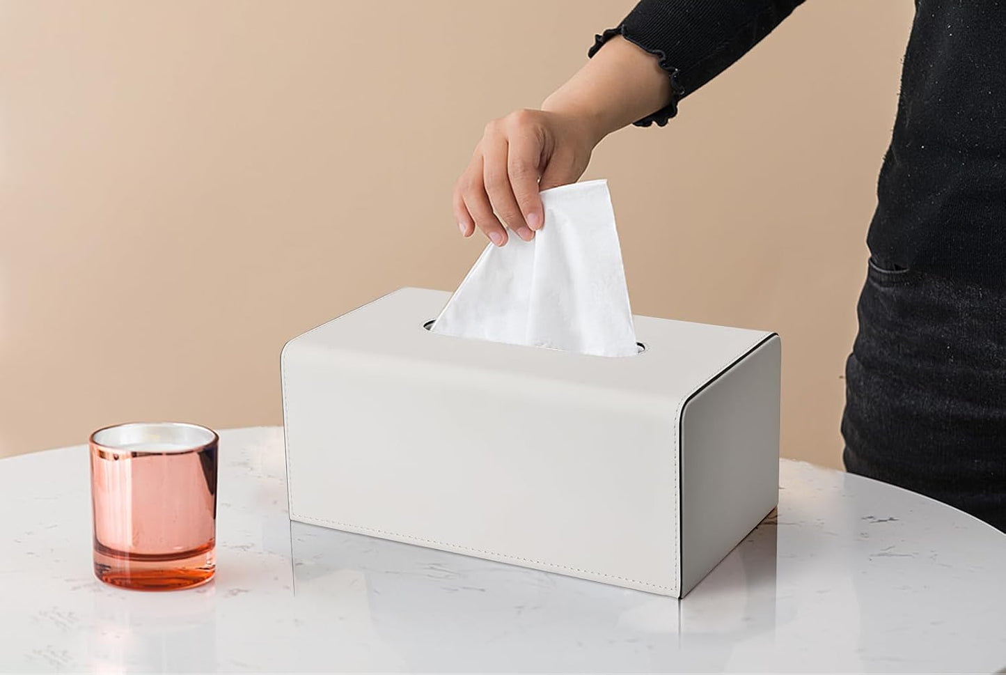 KINGFOM Tissue Box Cover, PU Leather Rectangular Tissue Box Holder with Magnetic Bottom Cover for Facial Tissues/Napkins, Office & Living Room Decor Box (Ivory White)