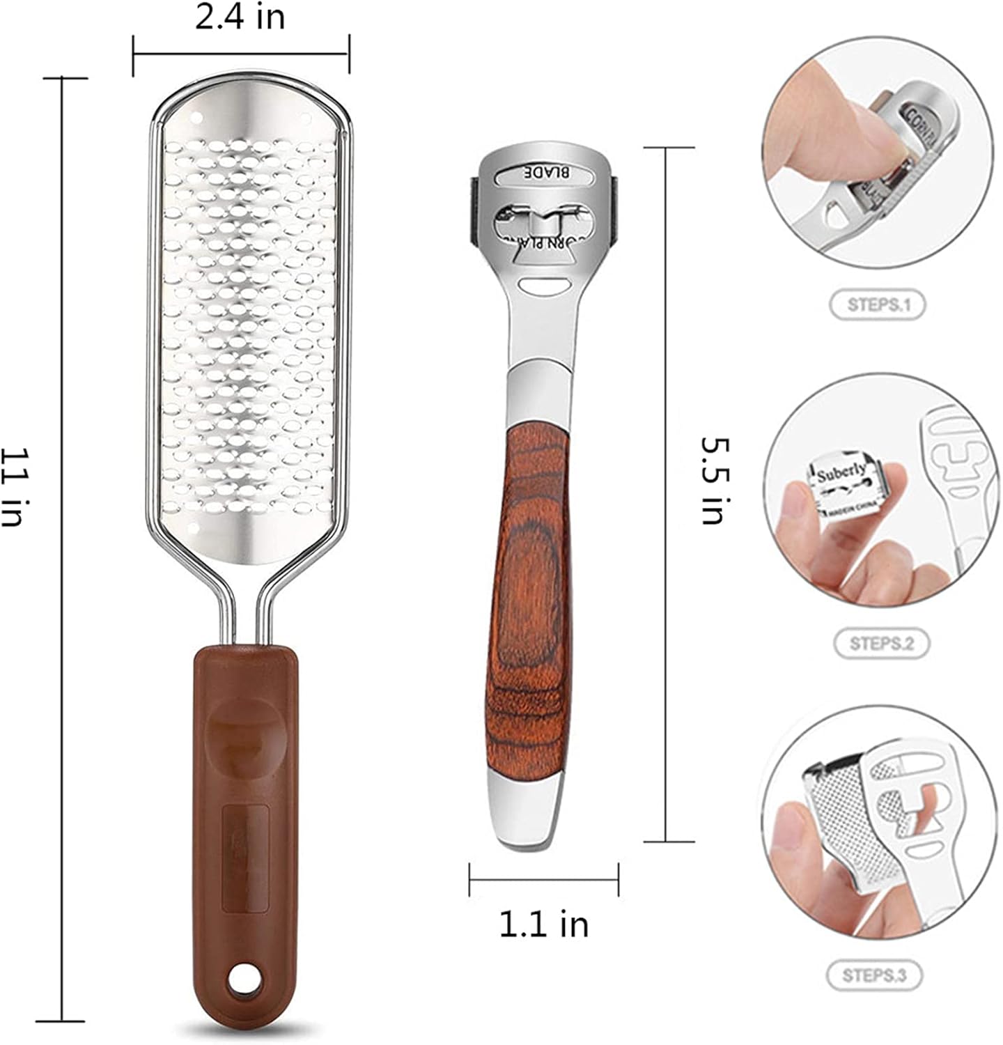 Colossal Foot Rasp & Wood Handle Callus Shaver (10 Replacement & 1 File Foot Heads), Pedicure Foot File Kit, Heel Scraper for Feet, Foot File Callus Remover